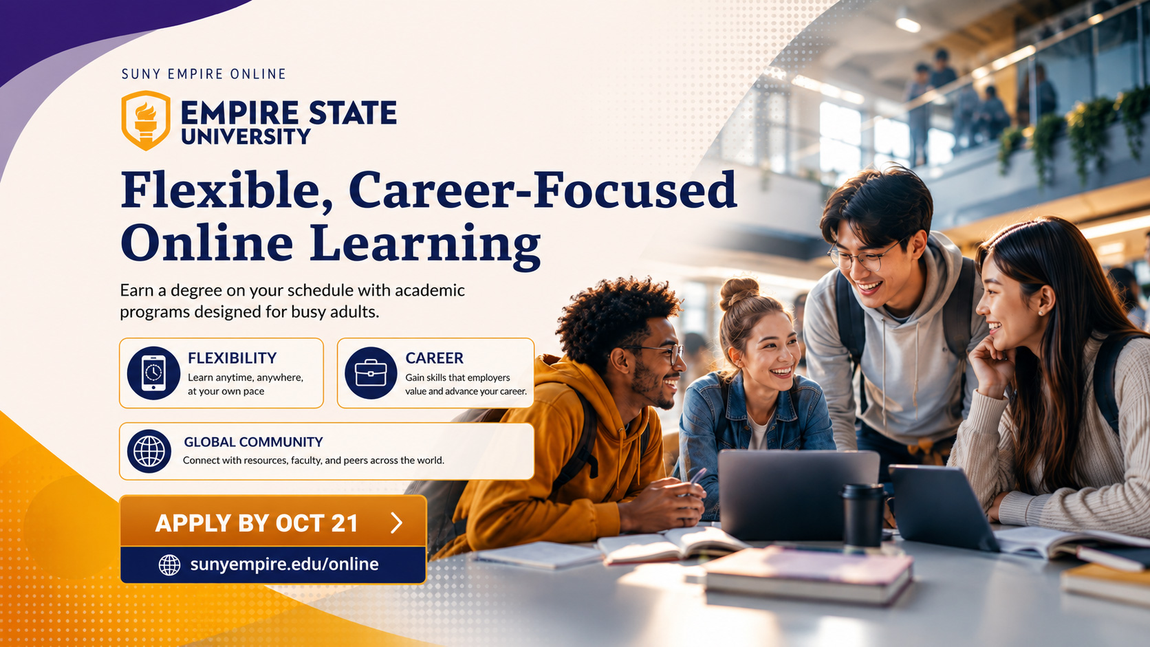 SUNY Empire Online advertisement with QR code, online learning pillars, and application call to action